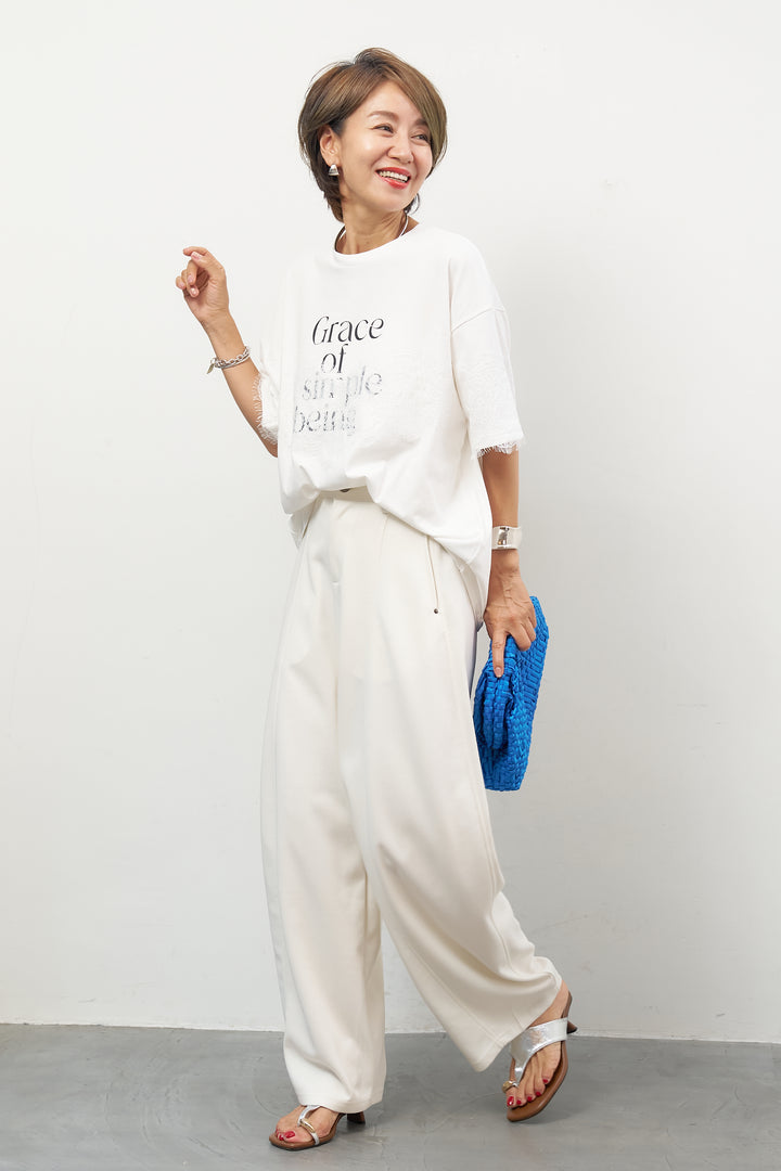 [SET]レース×ロゴプリント Tシャツ+フロントシームコクーンパンツ(2set)
