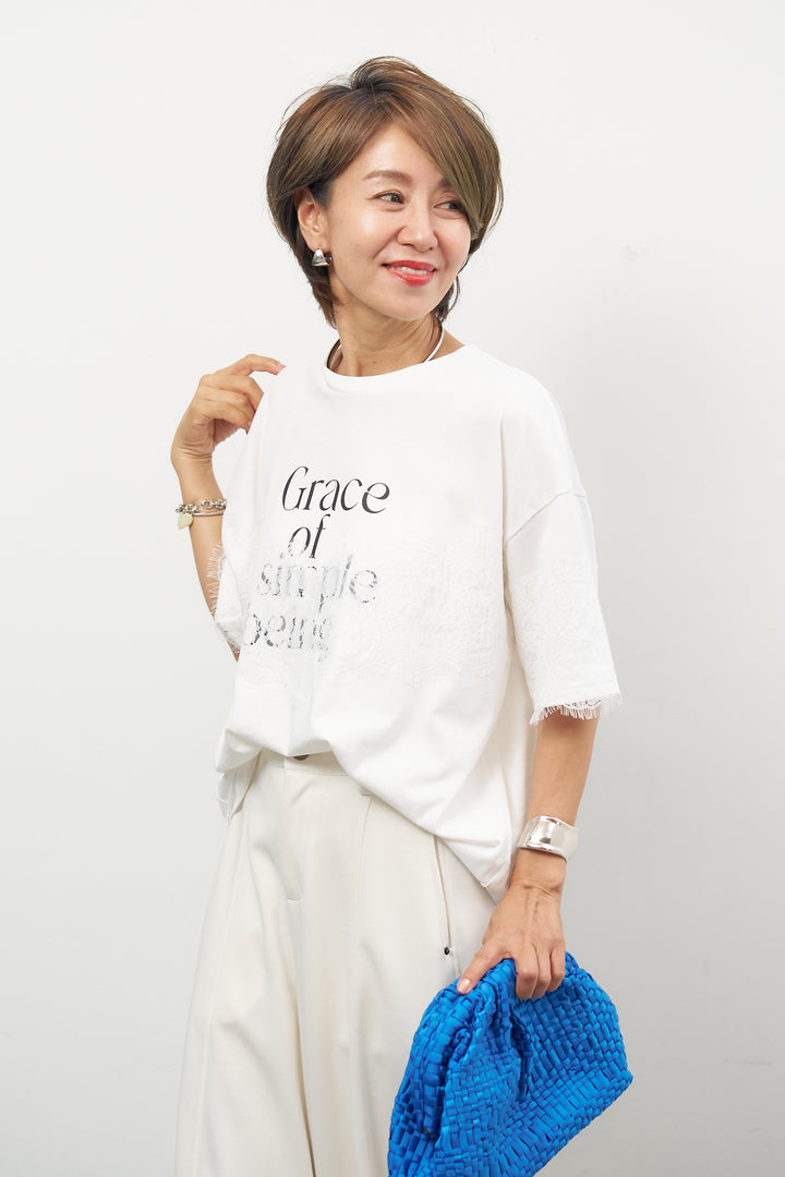 [SET]レース×ロゴプリント Tシャツ+フロントシームコクーンパンツ(2set)