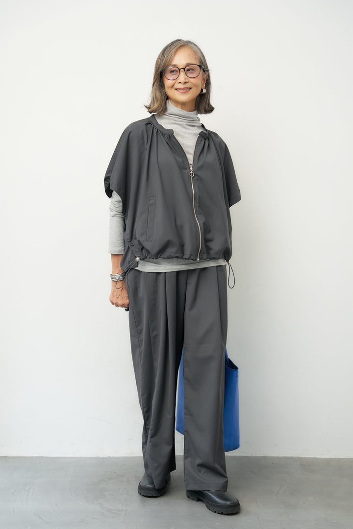 [SET]ウエストレイヤード ワイドパンツ+フロントジップ ポンチョライクブルゾン(2set)