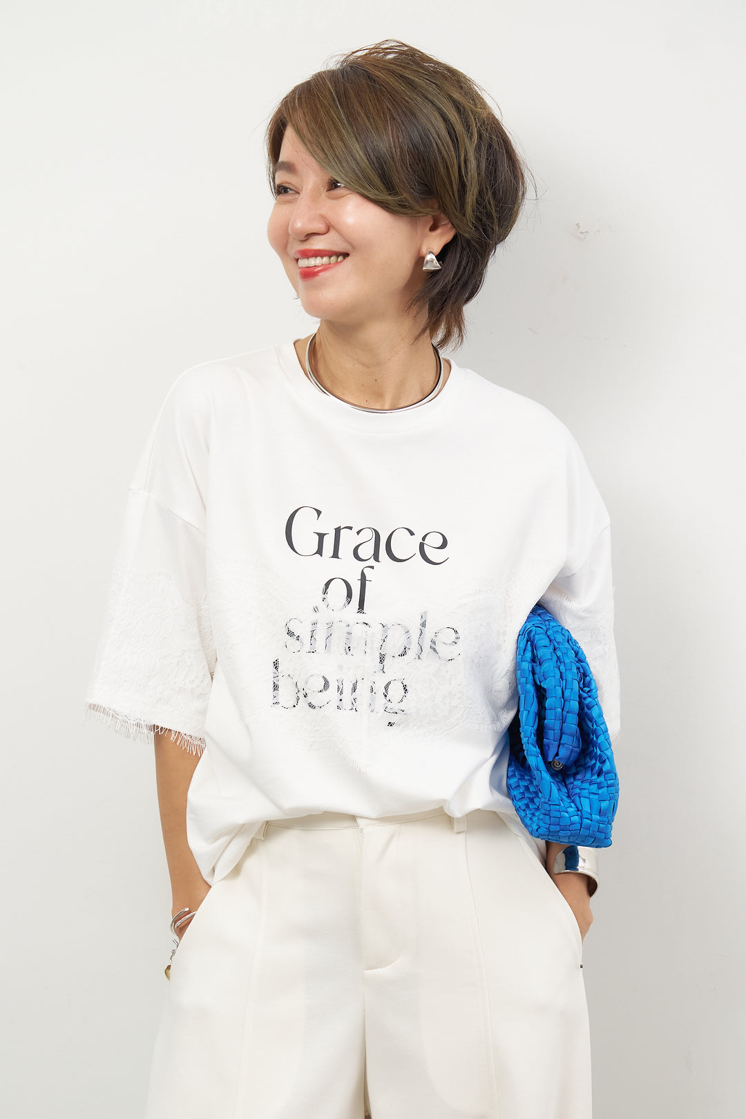 レース×ロゴプリント Tシャツ
