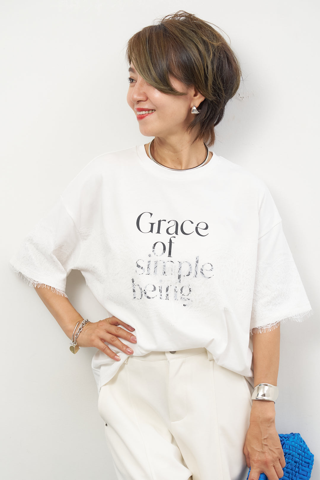 [SET]レース×ロゴプリント Tシャツ+フロントシームコクーンパンツ(2set)