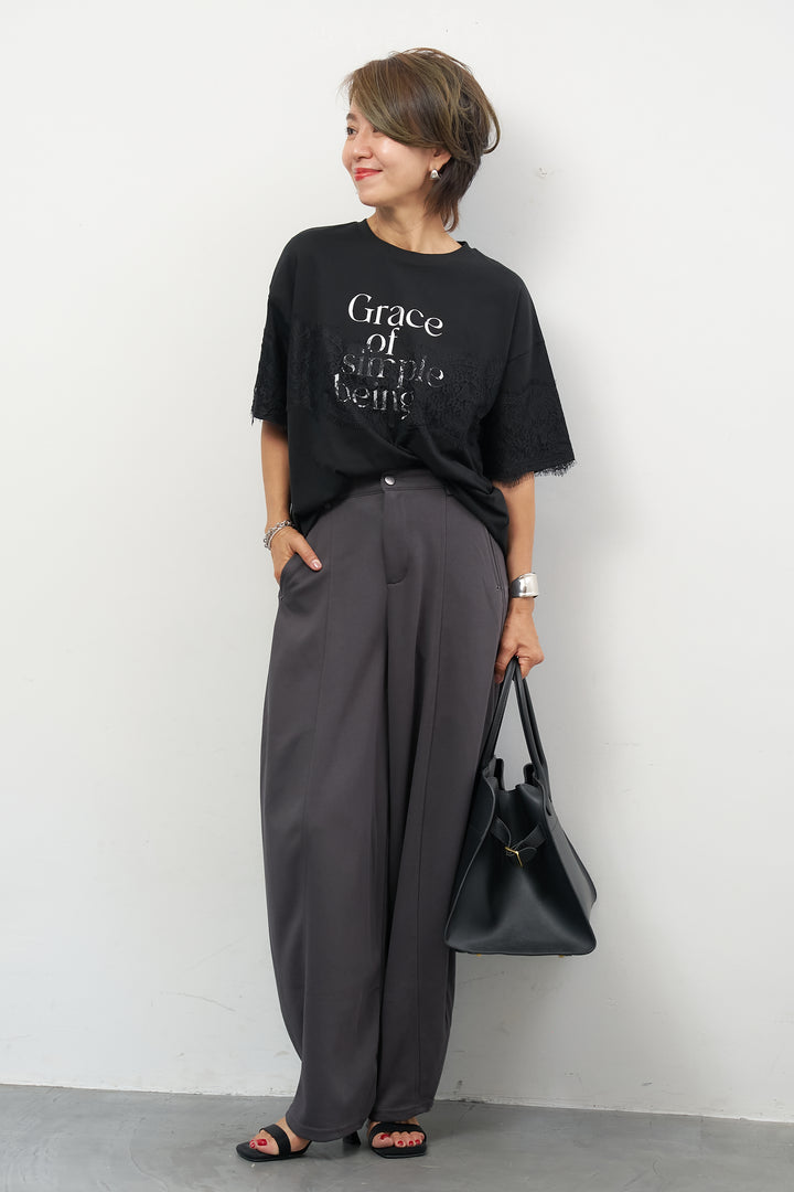 [SET]レース×ロゴプリント Tシャツ+フロントシームコクーンパンツ(2set)