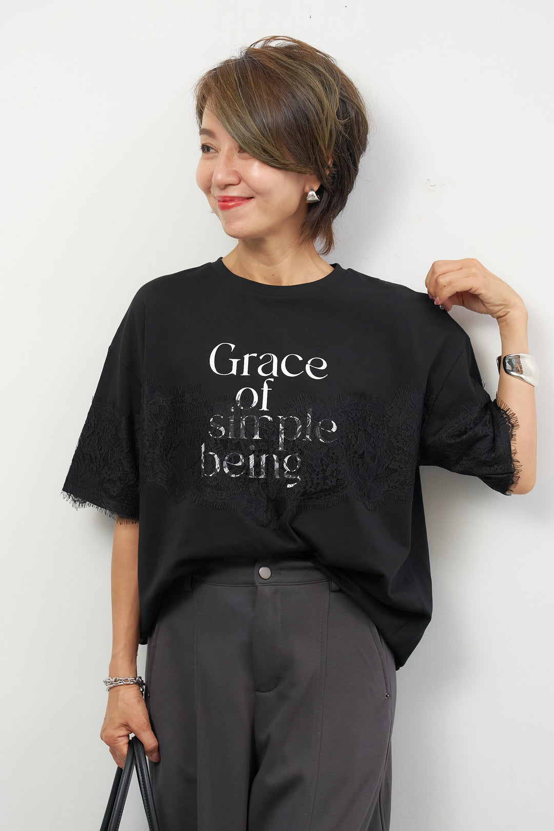 [SET]レース×ロゴプリント Tシャツ+フロントシームコクーンパンツ(2set)