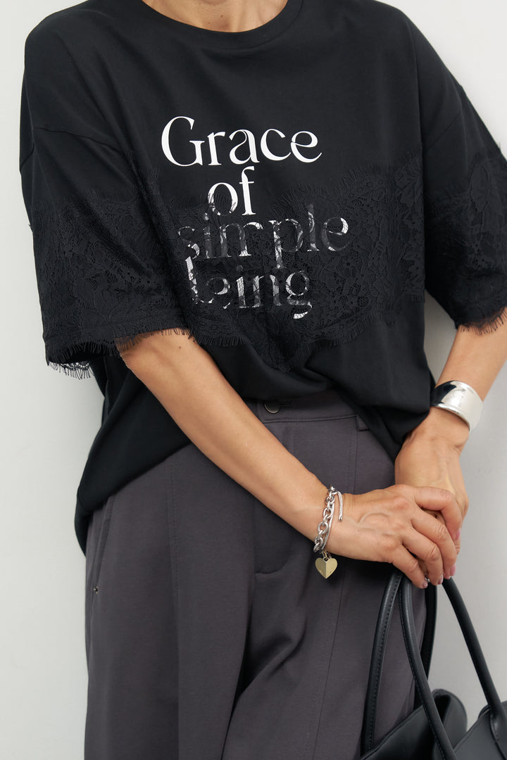 レース×ロゴプリント Tシャツ