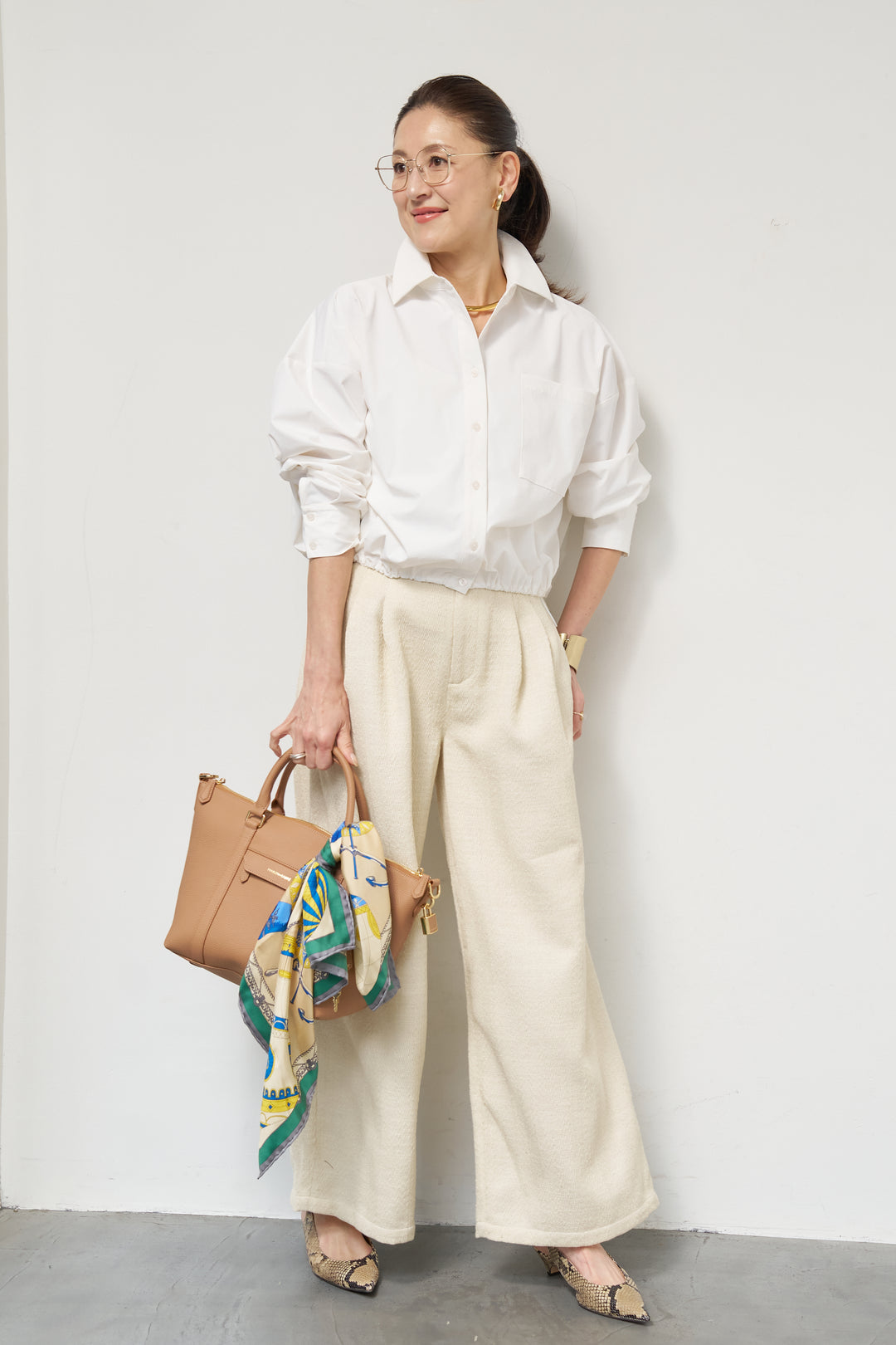 [SET]裾ドロストクロップドシャツ+デニムライクヘリンボーンパンツ(2set)