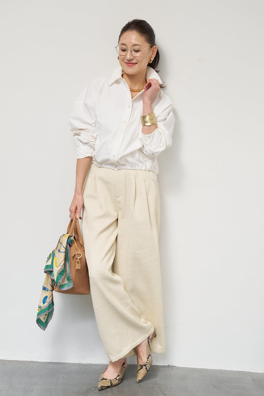 [SET]裾ドロストクロップドシャツ+デニムライクヘリンボーンパンツ(2set)