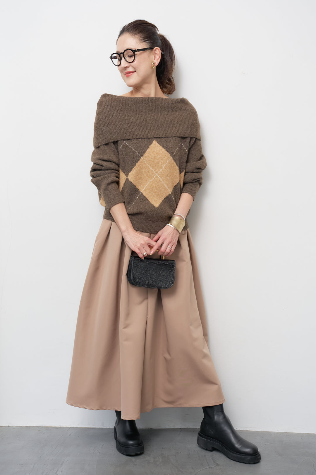 [SET]アーガイルオフショルニット+【ジャパンメイド】ライトグログランボリュームスカート(2set)