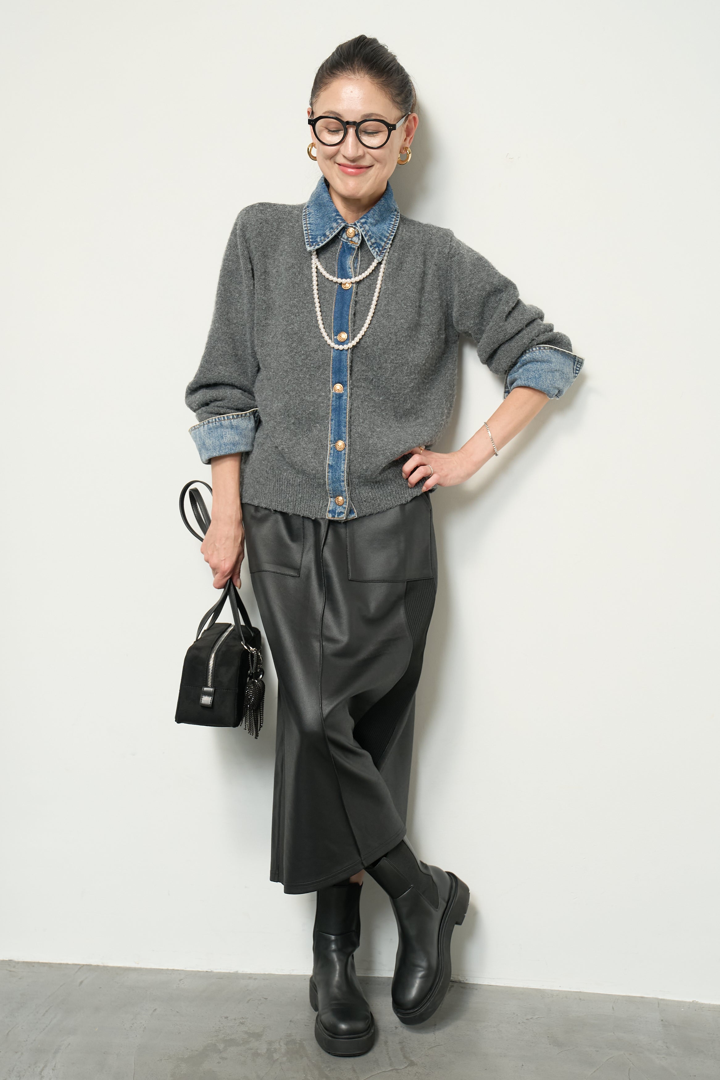 PLUS OTO.HA デニム×ニットシャツ　チャコールグレー OTO.HA デニム×ニットシャツ チャコールグレー 2SET】デニム×ニット