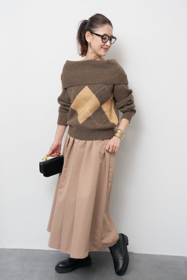 [SET]アーガイルオフショルニット+【ジャパンメイド】ライトグログランボリュームスカート(2set)