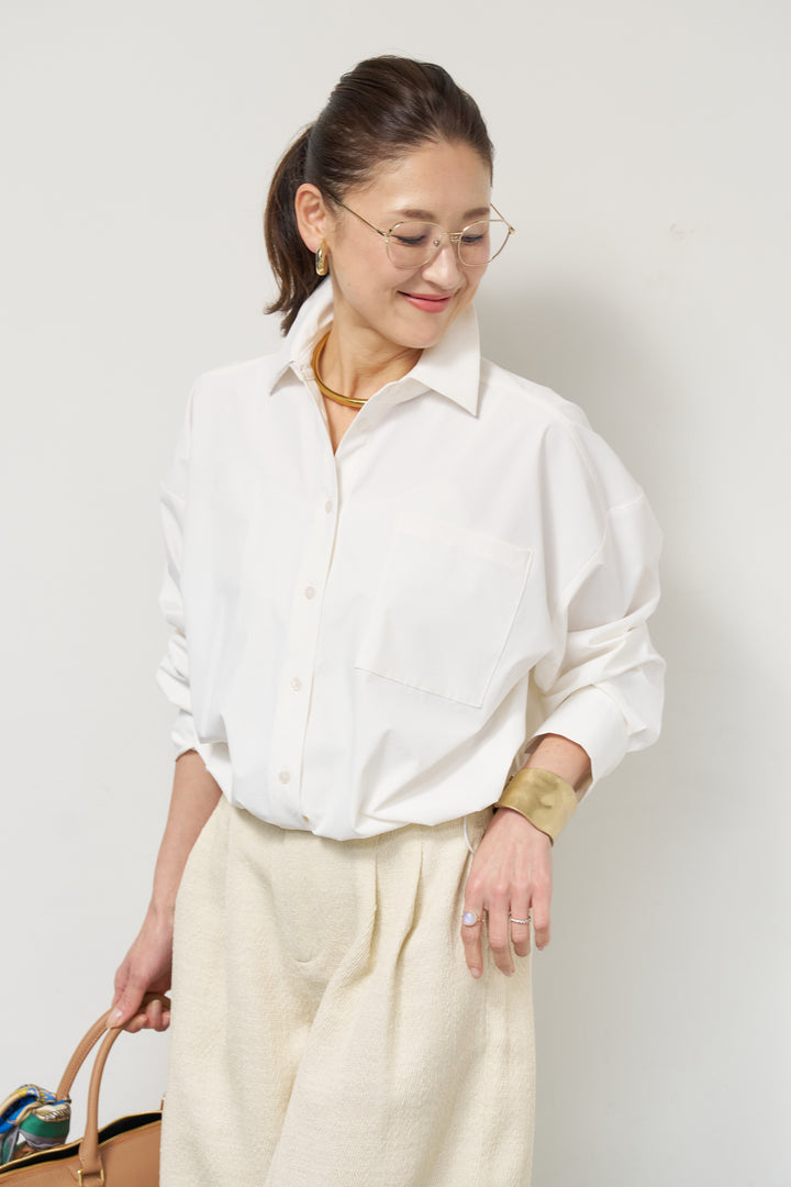 [SET]裾ドロストクロップドシャツ+デニムライクヘリンボーンパンツ(2set)