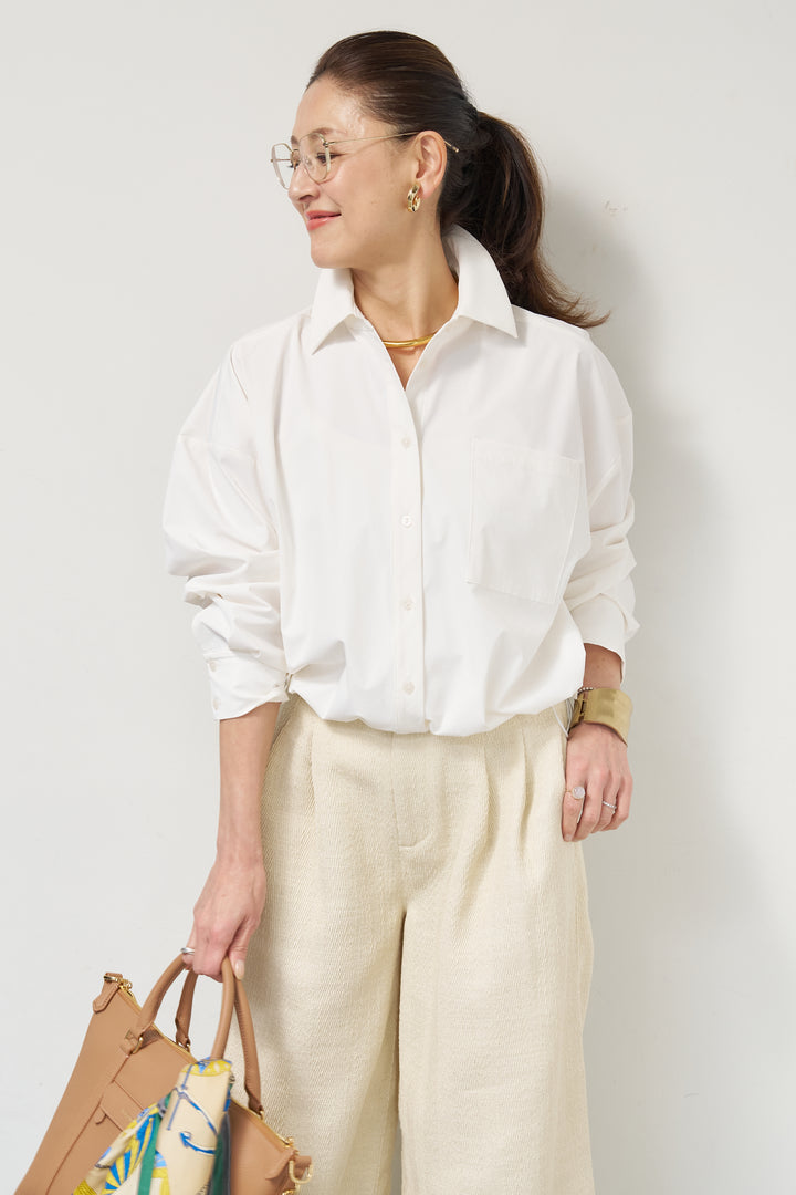 [SET]裾ドロストクロップドシャツ+デニムライクヘリンボーンパンツ(2set)