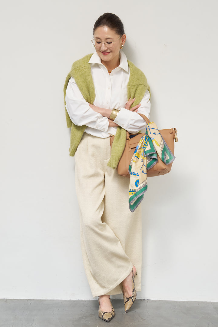 [SET]裾ドロストクロップドシャツ+デニムライクヘリンボーンパンツ(2set)