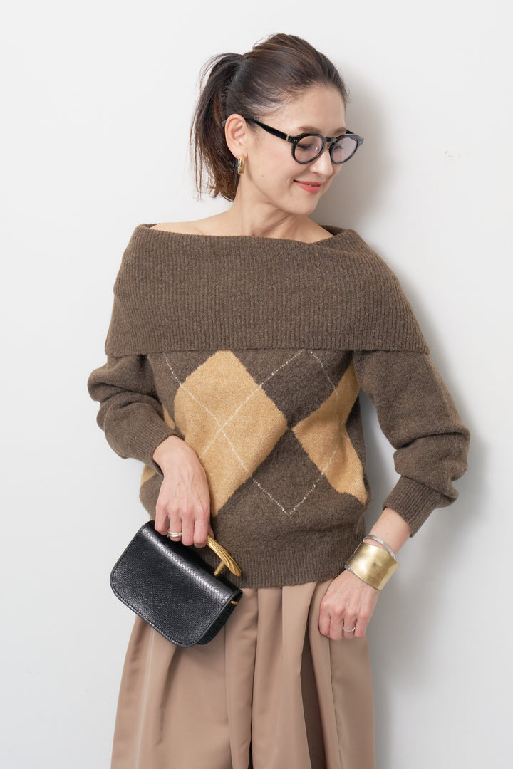 [SET]アーガイルオフショルニット+【ジャパンメイド】ライトグログランボリュームスカート(2set)