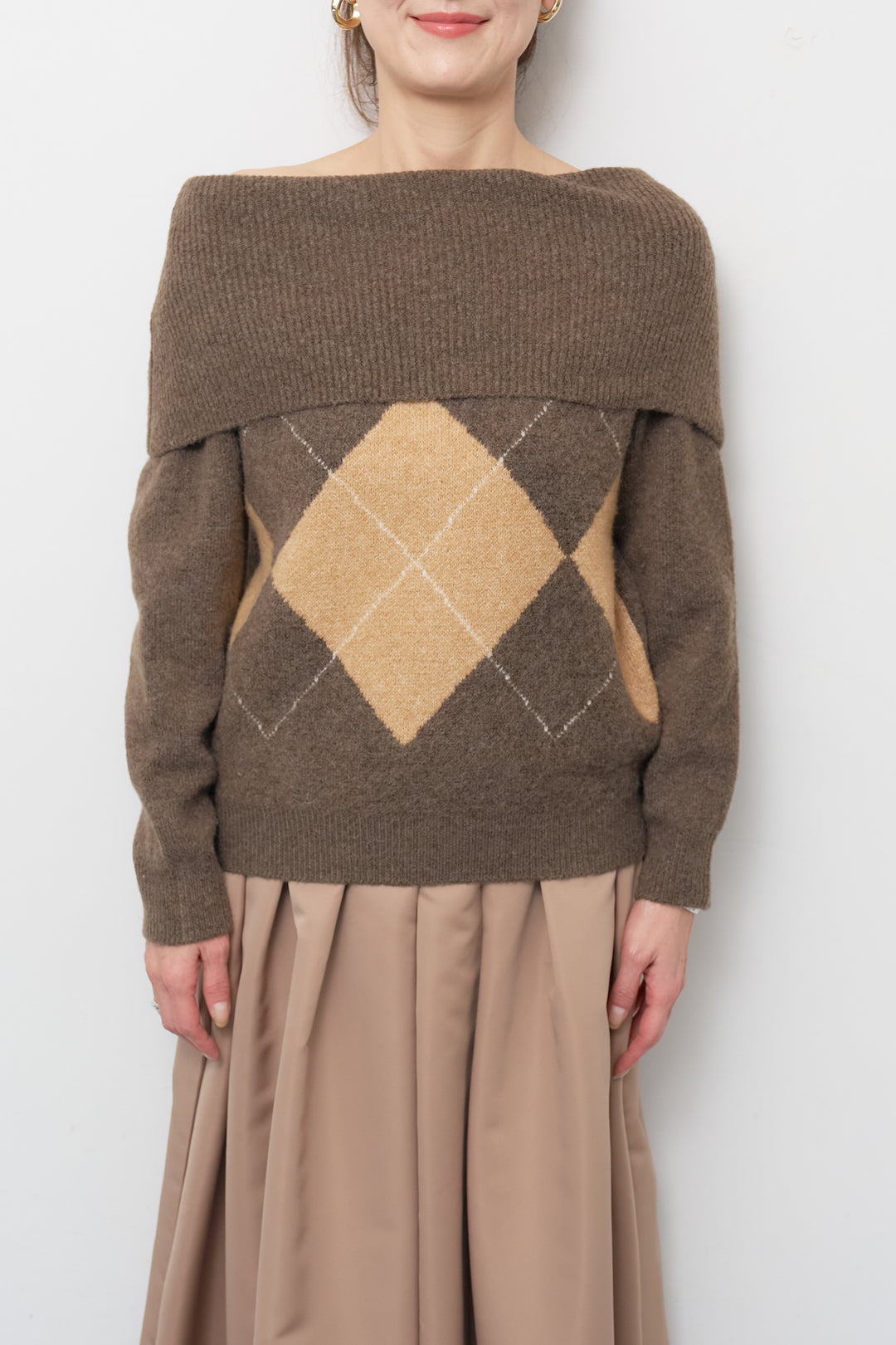 [SET]アーガイルオフショルニット+【ジャパンメイド】ライトグログランボリュームスカート(2set)