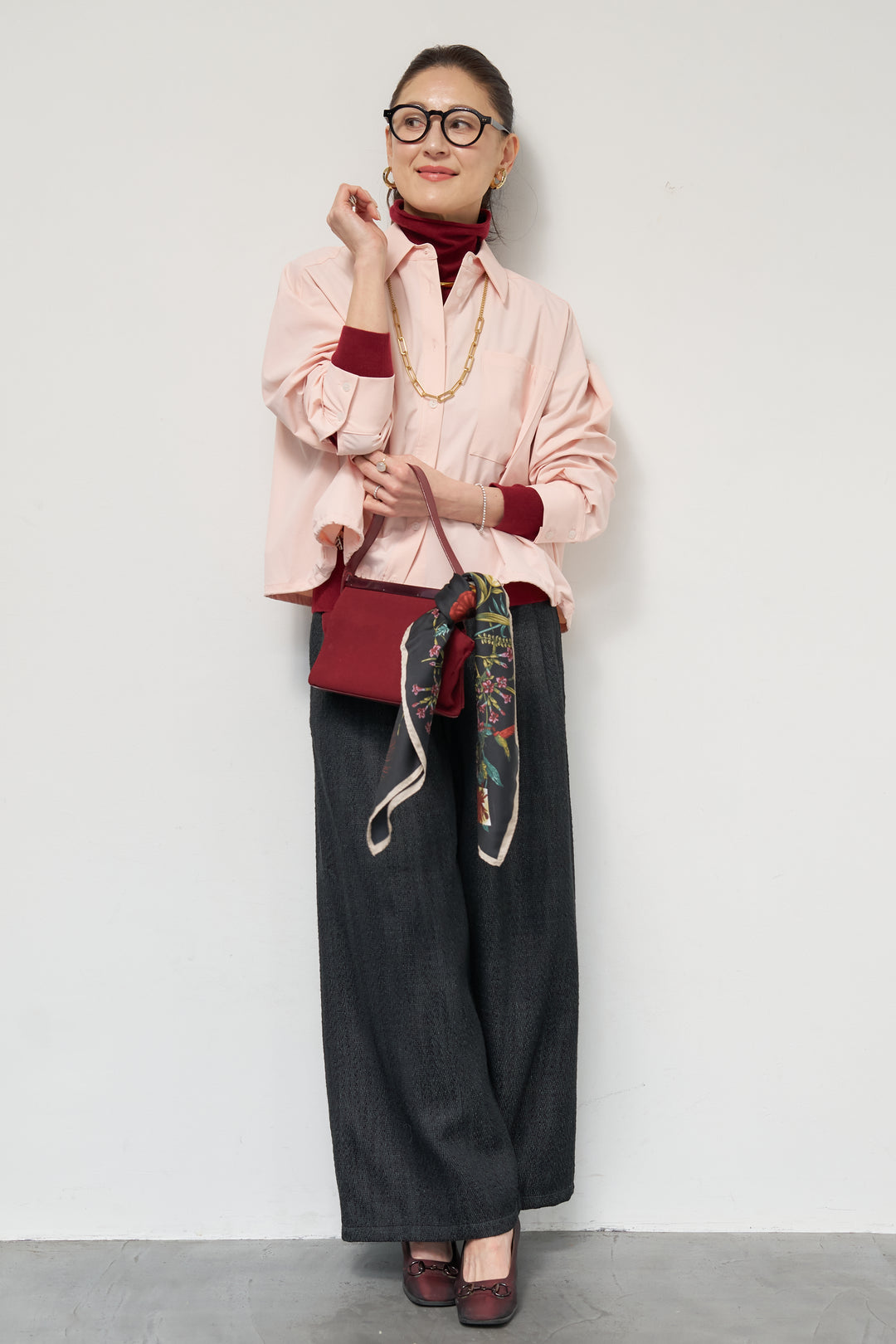 [SET]裾ドロストクロップドシャツ+デニムライクヘリンボーンパンツ(2set)