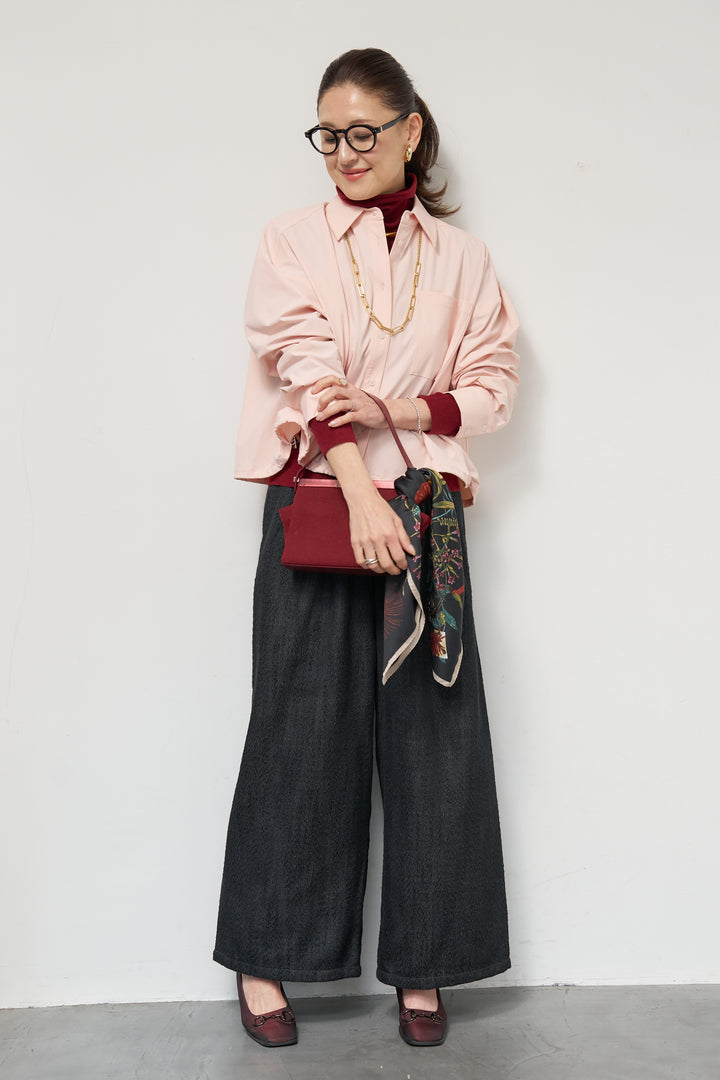 [SET]裾ドロストクロップドシャツ+デニムライクヘリンボーンパンツ(2set)