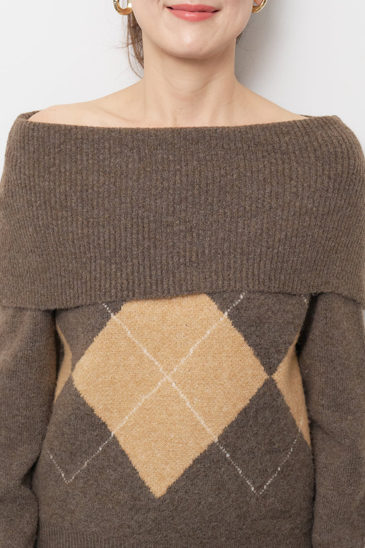 [SET]アーガイルオフショルニット+【ジャパンメイド】ライトグログランボリュームスカート(2set)