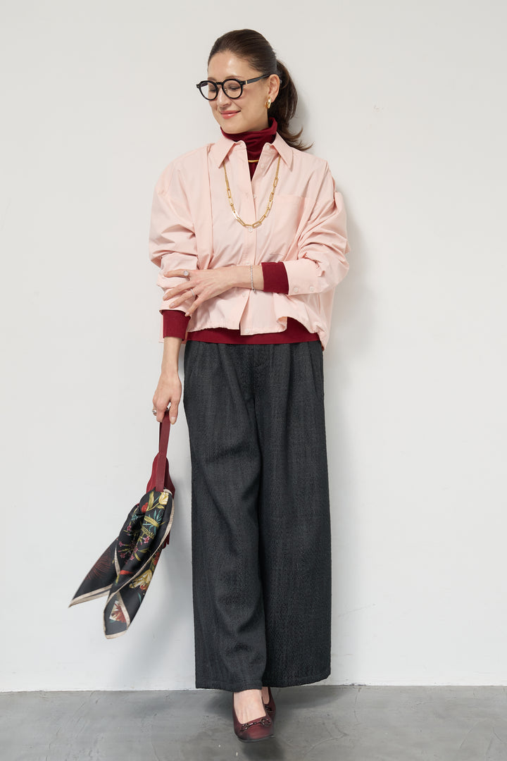 [SET]裾ドロストクロップドシャツ+デニムライクヘリンボーンパンツ(2set)