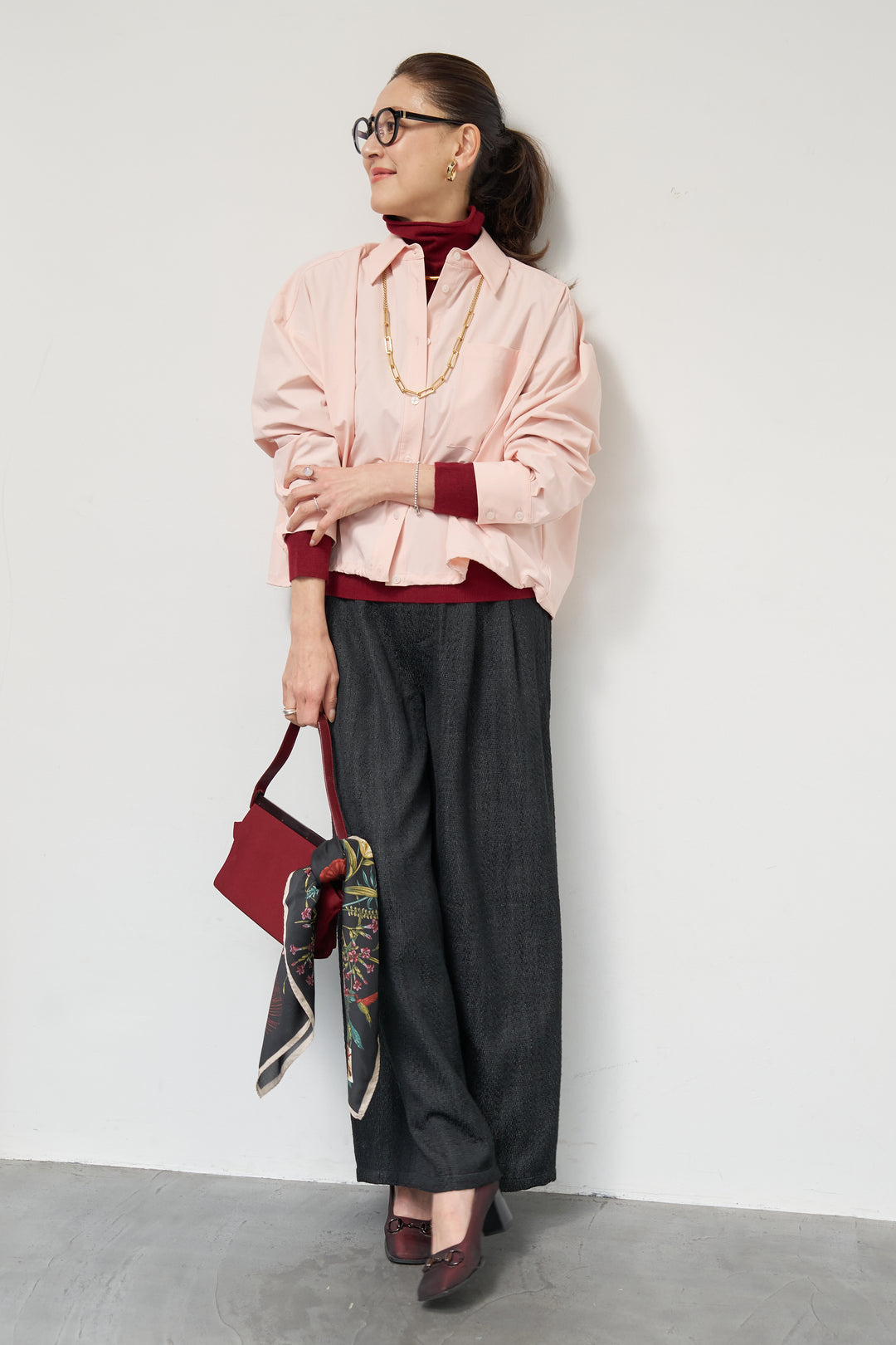 [SET]裾ドロストクロップドシャツ+デニムライクヘリンボーンパンツ(2set)