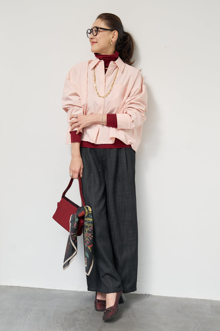 [SET]裾ドロストクロップドシャツ+デニムライクヘリンボーンパンツ(2set)