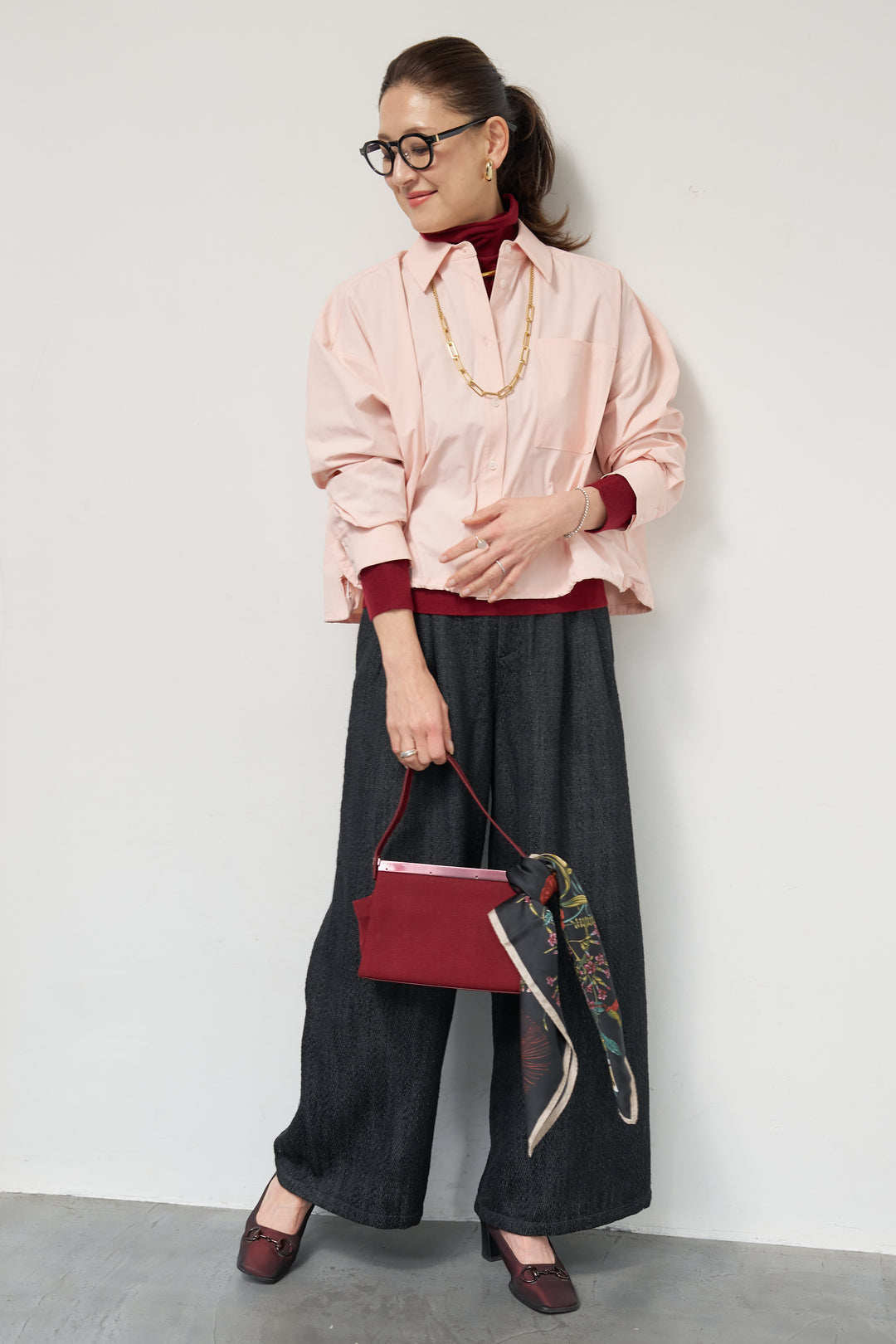 [SET]裾ドロストクロップドシャツ+デニムライクヘリンボーンパンツ(2set)