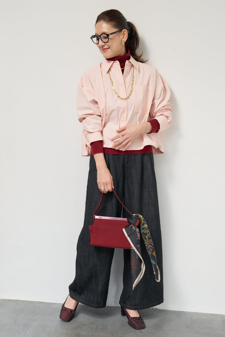 [SET]裾ドロストクロップドシャツ+デニムライクヘリンボーンパンツ(2set)