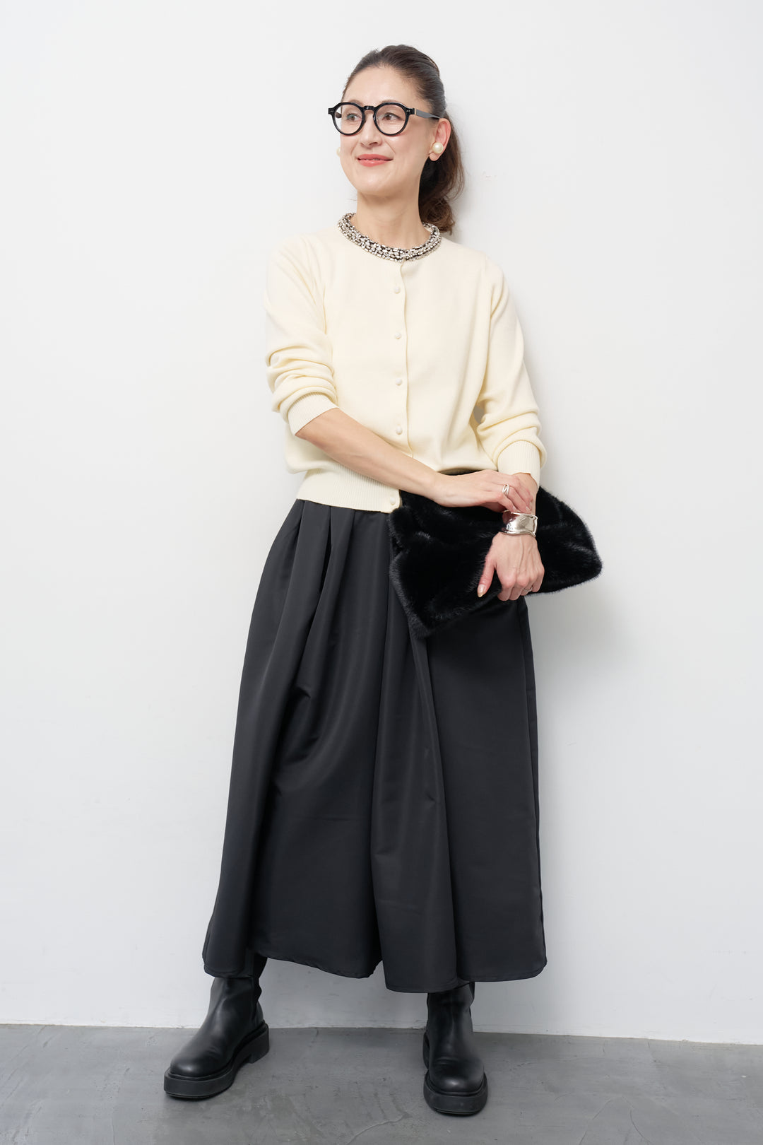 [SET]シルク混ビジューカーディガン+【ジャパンメイド】ライトグログランボリュームスカート(2set)