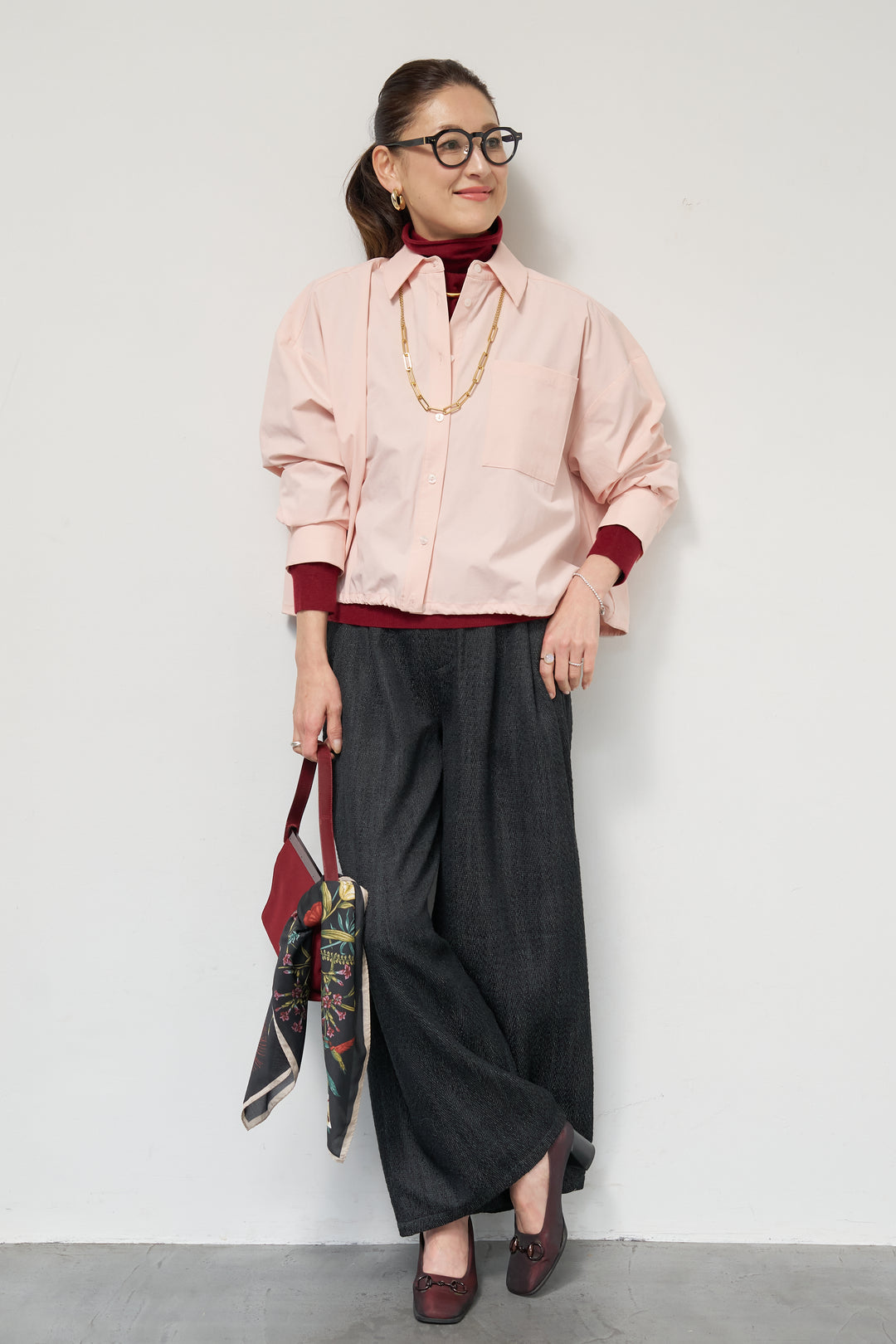 [SET]裾ドロストクロップドシャツ+デニムライクヘリンボーンパンツ(2set)