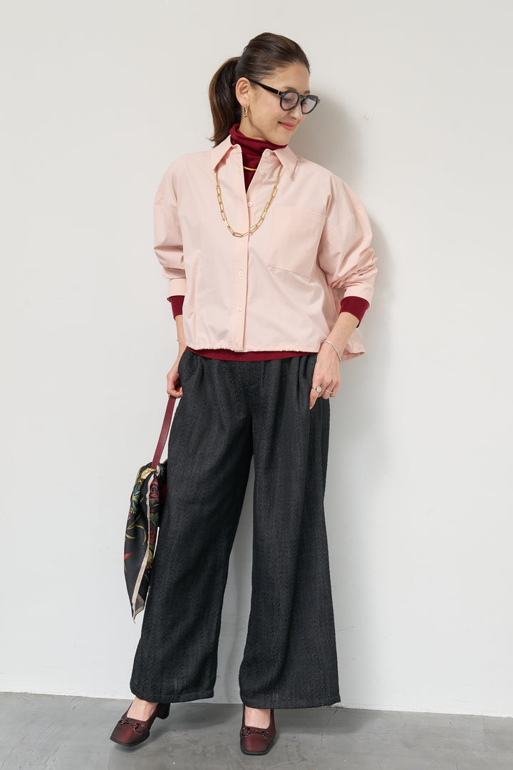 [SET]裾ドロストクロップドシャツ+デニムライクヘリンボーンパンツ(2set)