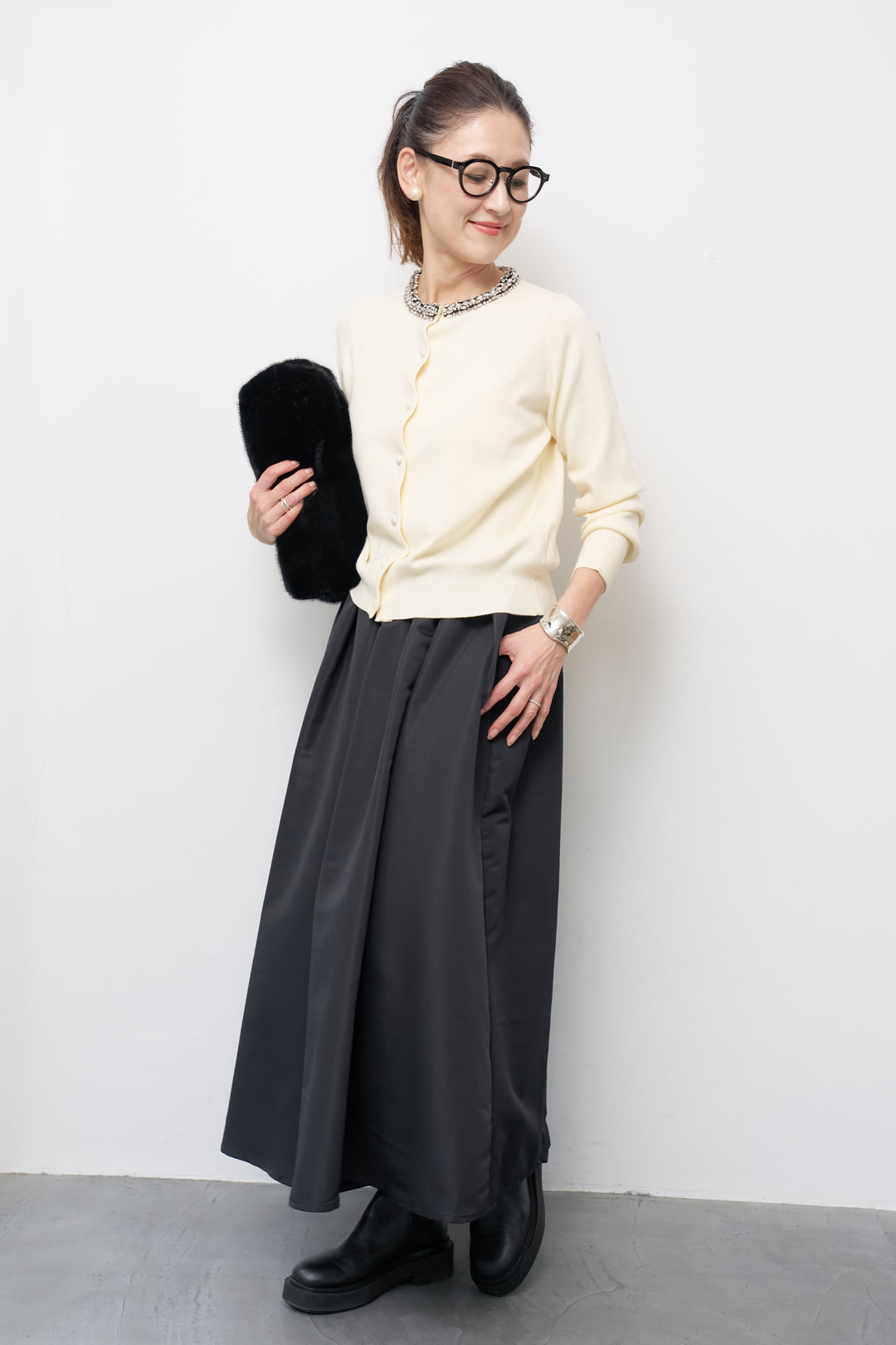 [SET]シルク混ビジューカーディガン+【ジャパンメイド】ライトグログランボリュームスカート(2set)