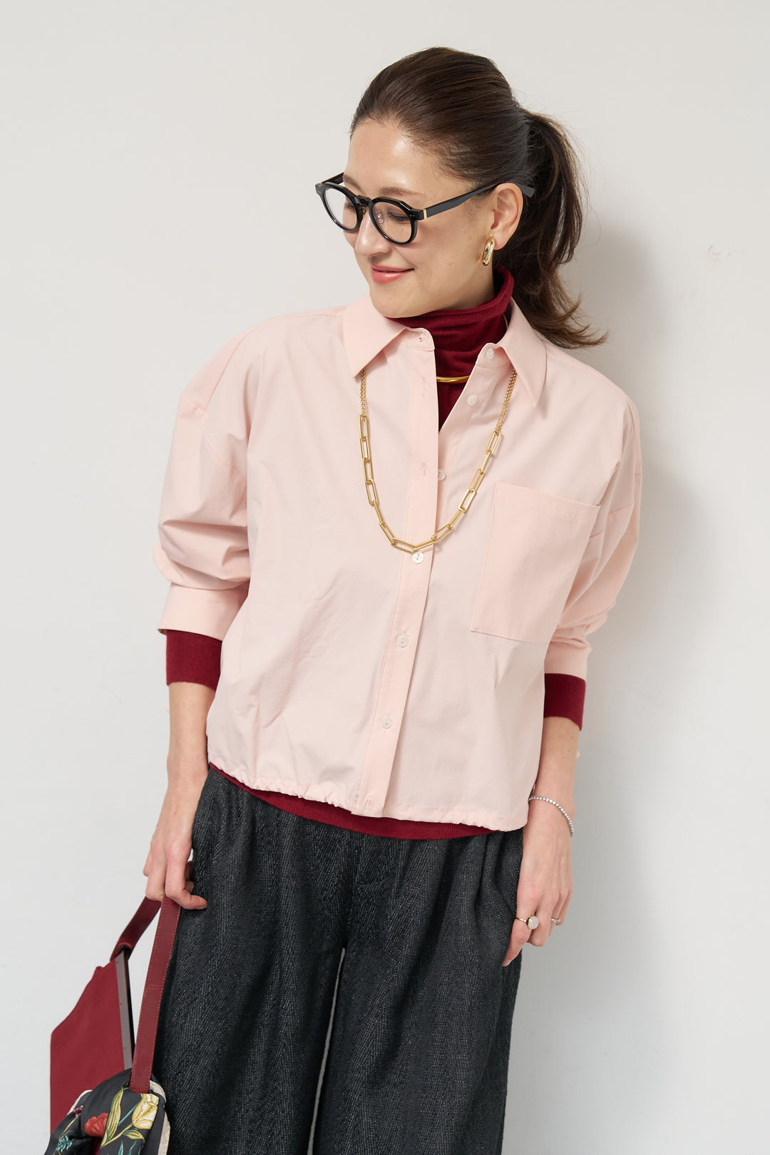 [SET]裾ドロストクロップドシャツ+デニムライクヘリンボーンパンツ(2set)