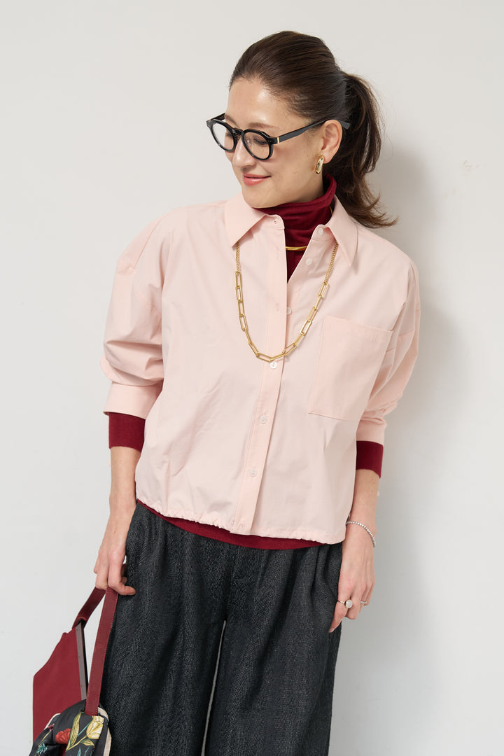 [SET]裾ドロストクロップドシャツ+デニムライクヘリンボーンパンツ(2set)