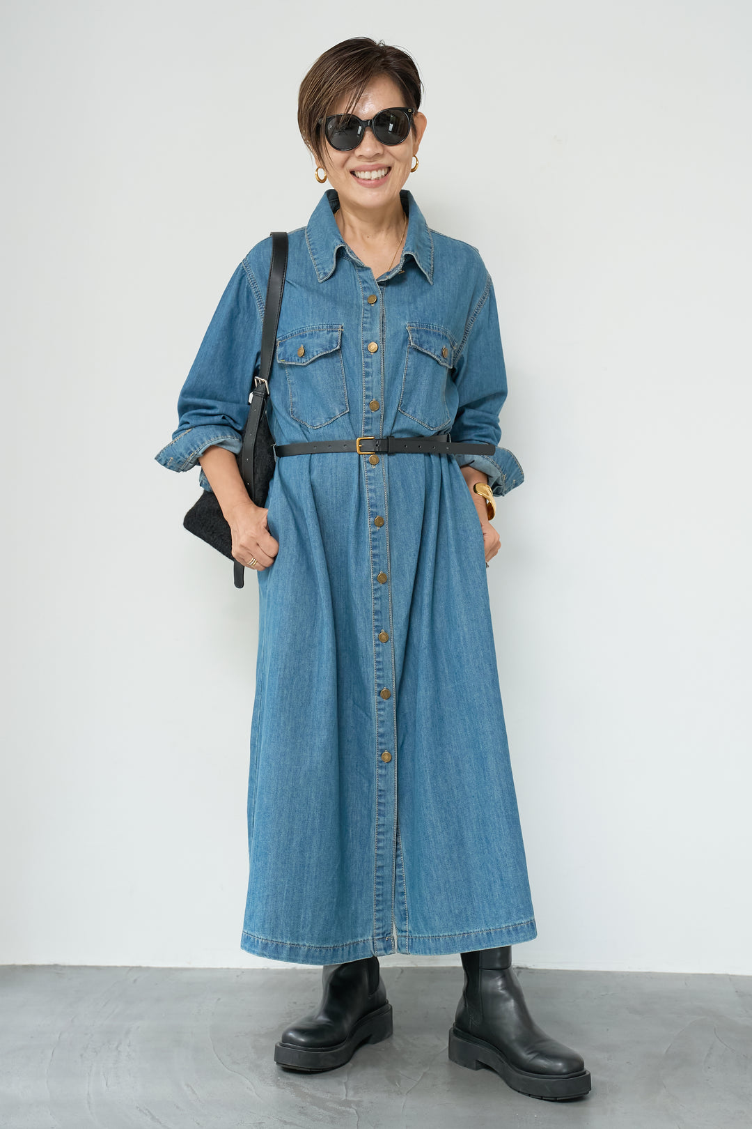 ウエストベルトデニムワンピース