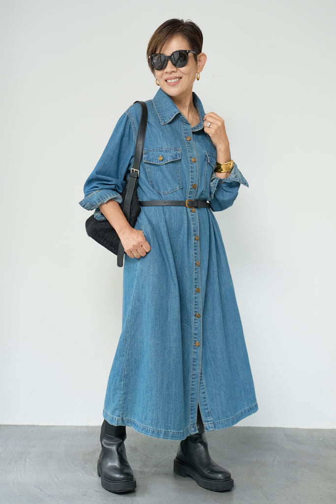 pium ベルトデニムワンピース プリーツベルトデニムミニワンピース – pium