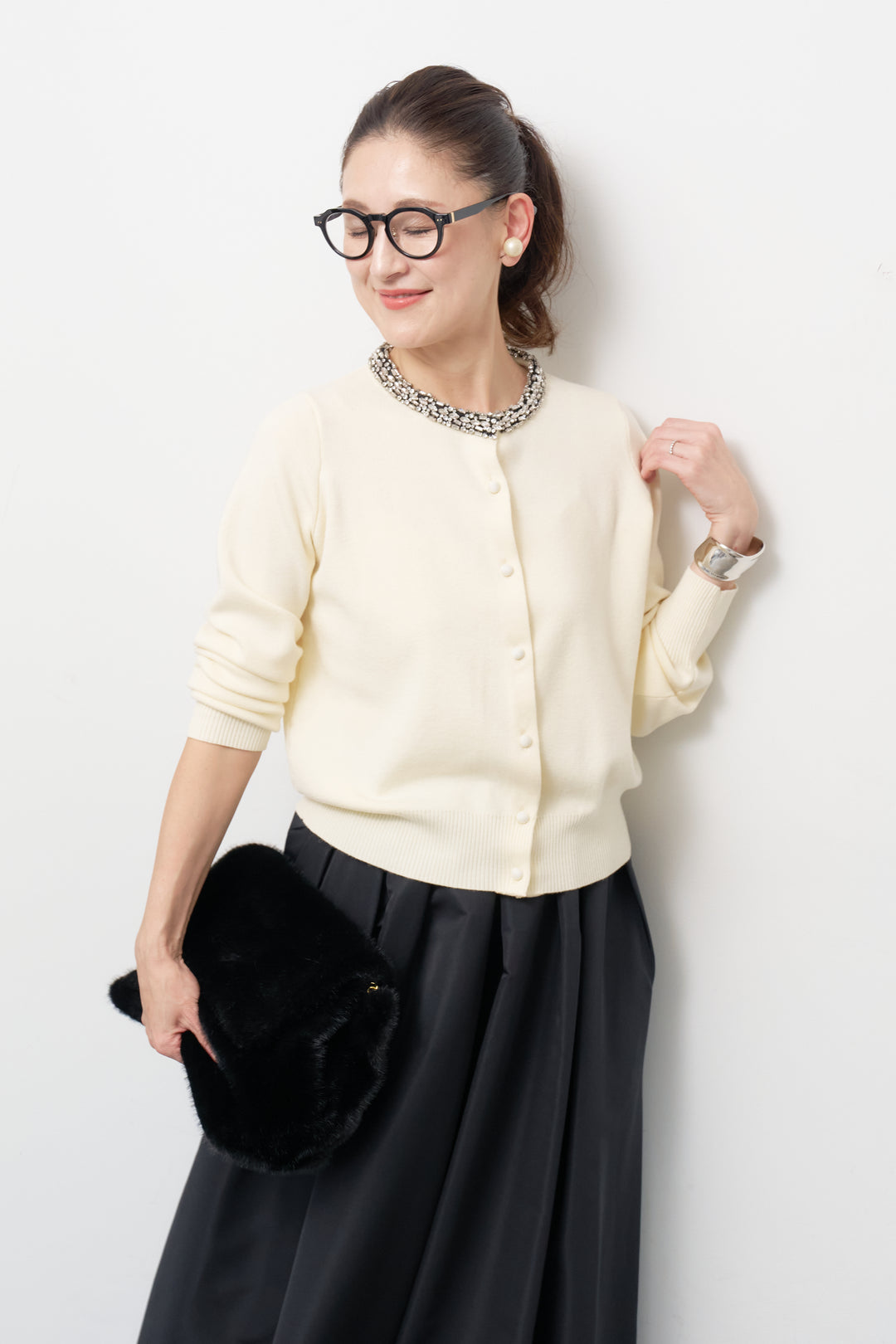 [SET]シルク混ビジューカーディガン+【ジャパンメイド】ライトグログランボリュームスカート(2set)