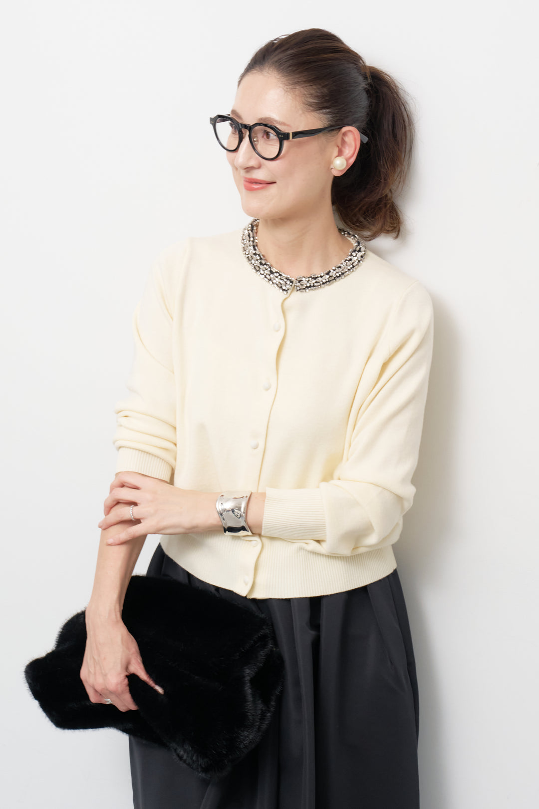 [SET]シルク混ビジューカーディガン+【ジャパンメイド】ライトグログランボリュームスカート(2set)