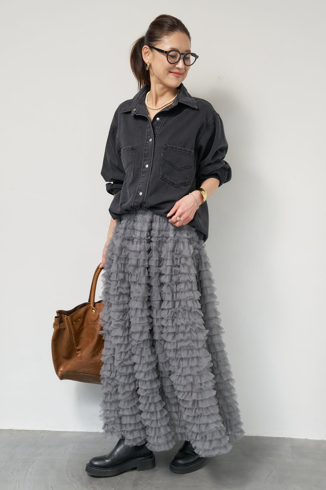 [SET]ソフトデニムオーバーシャツ+チュールティアードスカート(2set)