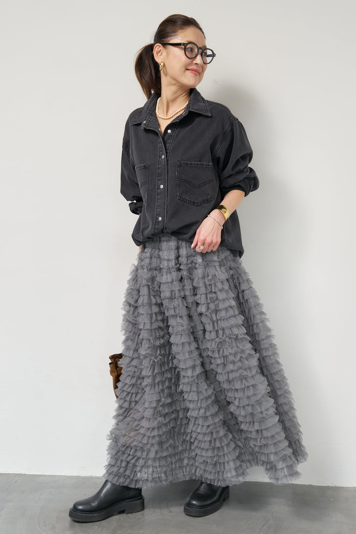 [SET]ソフトデニムオーバーシャツ+チュールティアードスカート(2set)