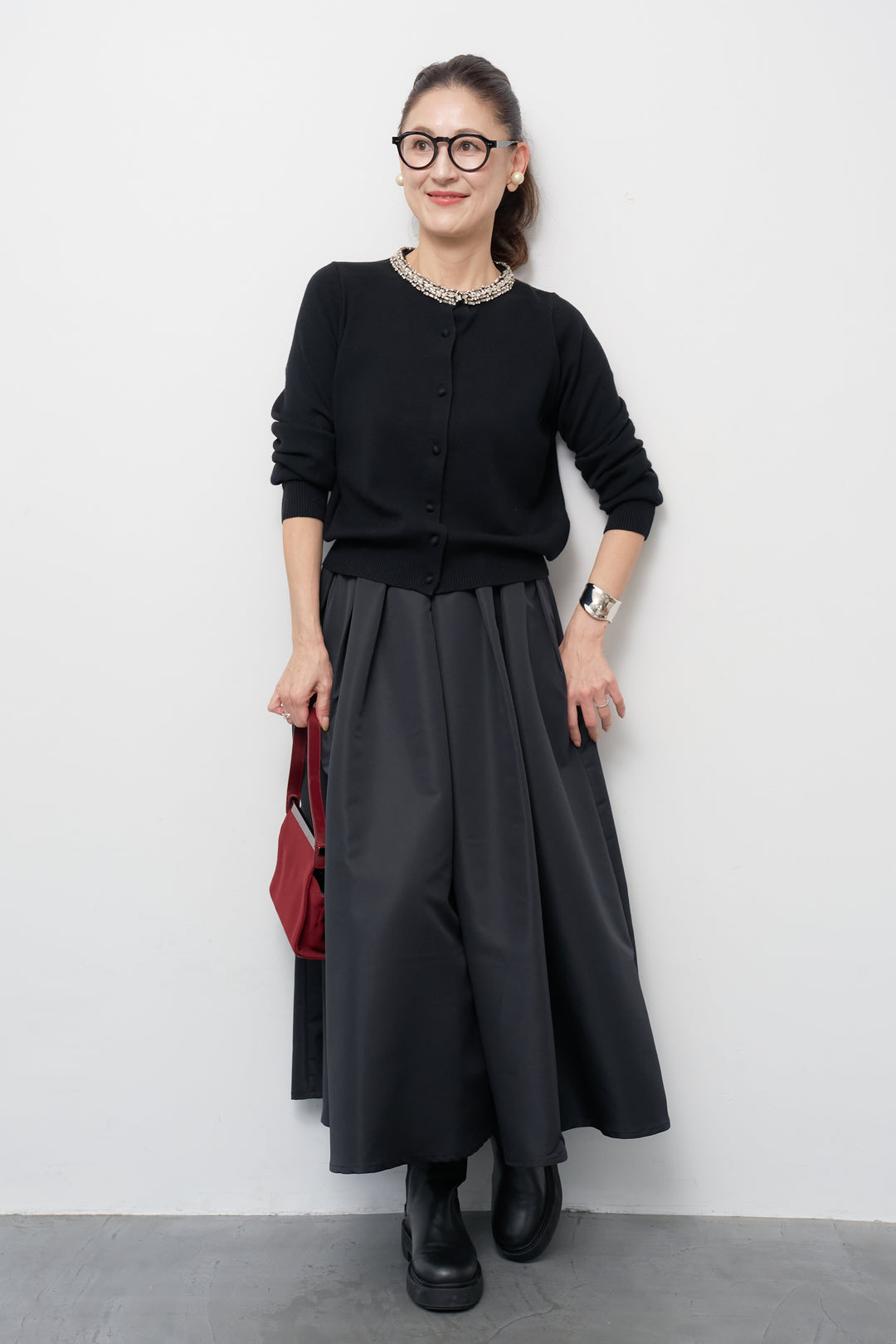 [SET]シルク混ビジューカーディガン+【ジャパンメイド】ライトグログランボリュームスカート(2set)