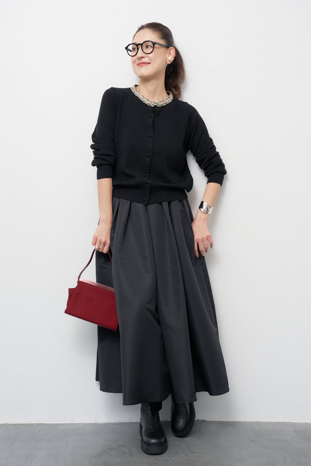 [SET]シルク混ビジューカーディガン+【ジャパンメイド】ライトグログランボリュームスカート(2set)