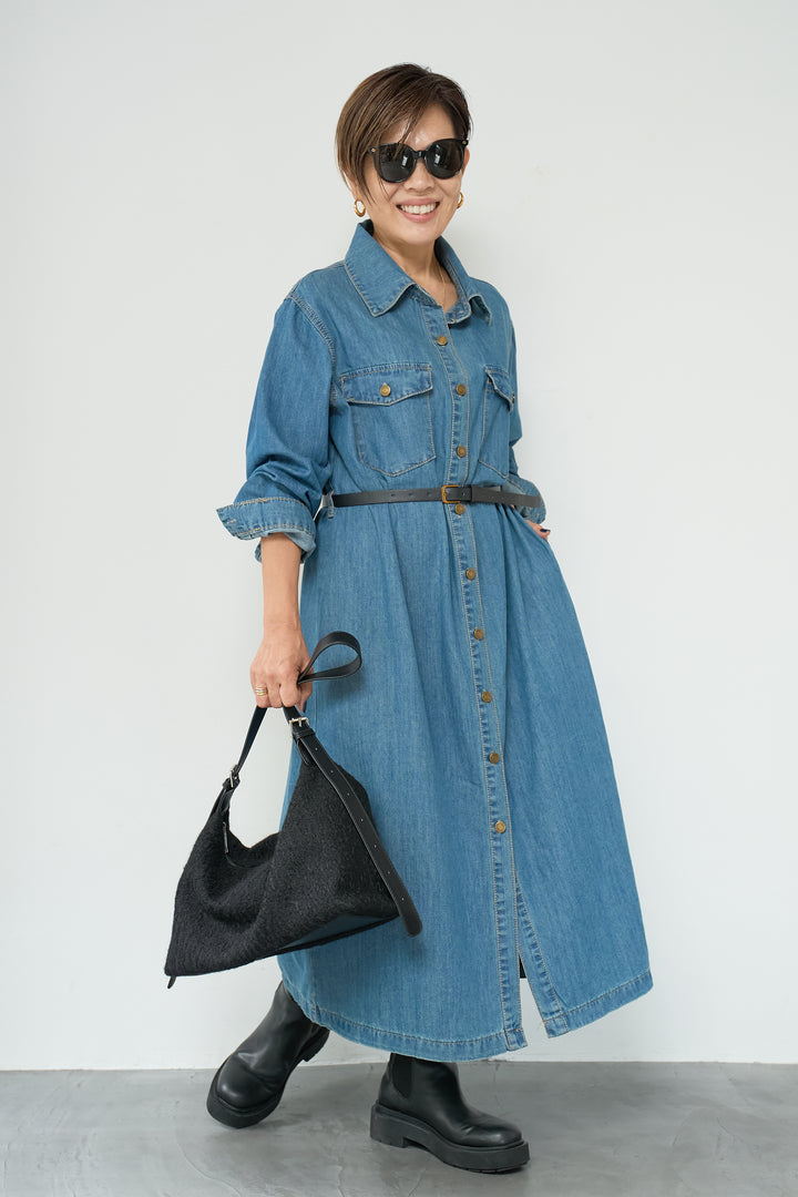 ウエストベルトデニムワンピース
