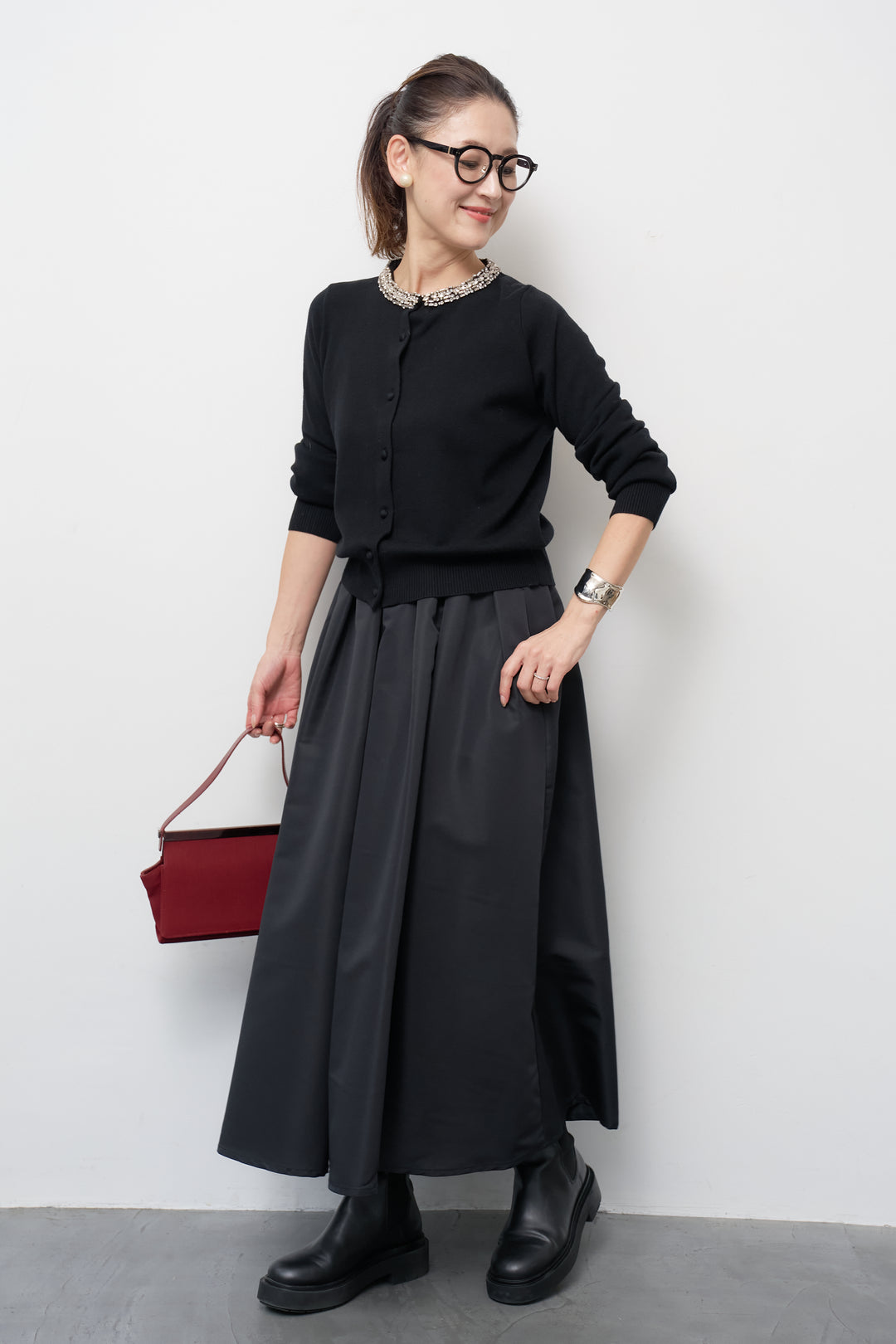 [SET]シルク混ビジューカーディガン+【ジャパンメイド】ライトグログランボリュームスカート(2set)