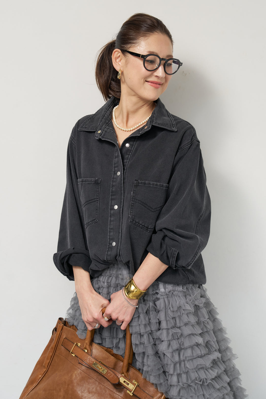 [SET]ソフトデニムオーバーシャツ+チュールティアードスカート(2set)