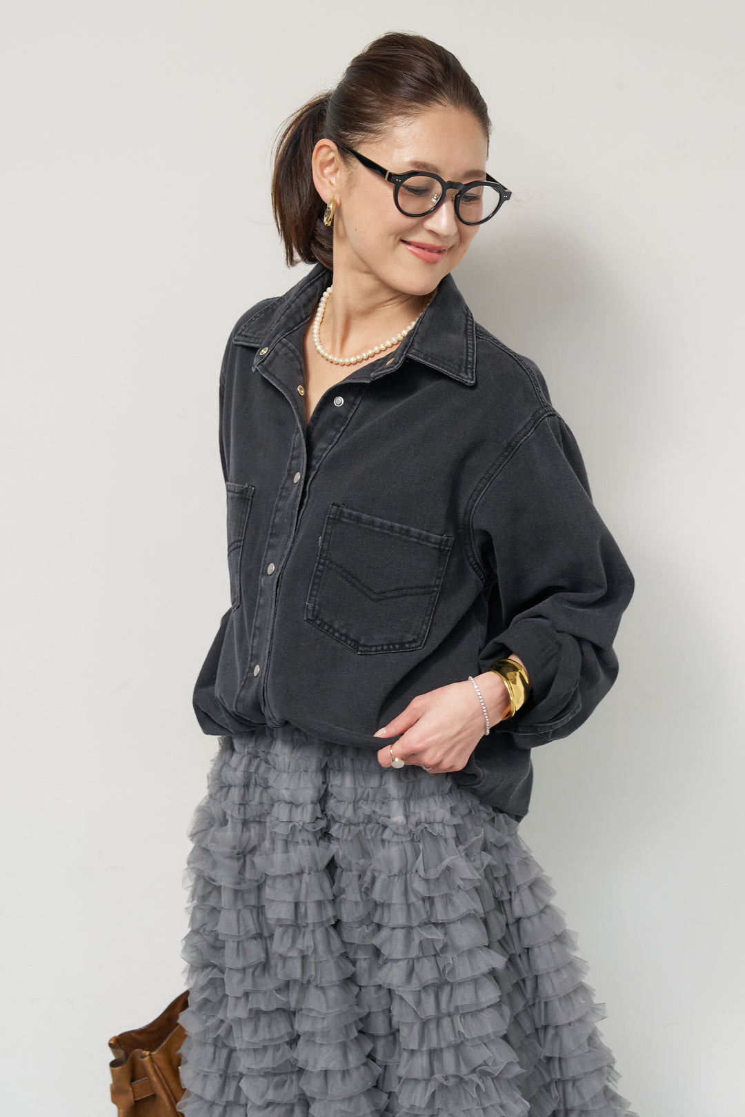 [SET]ソフトデニムオーバーシャツ+チュールティアードスカート(2set)