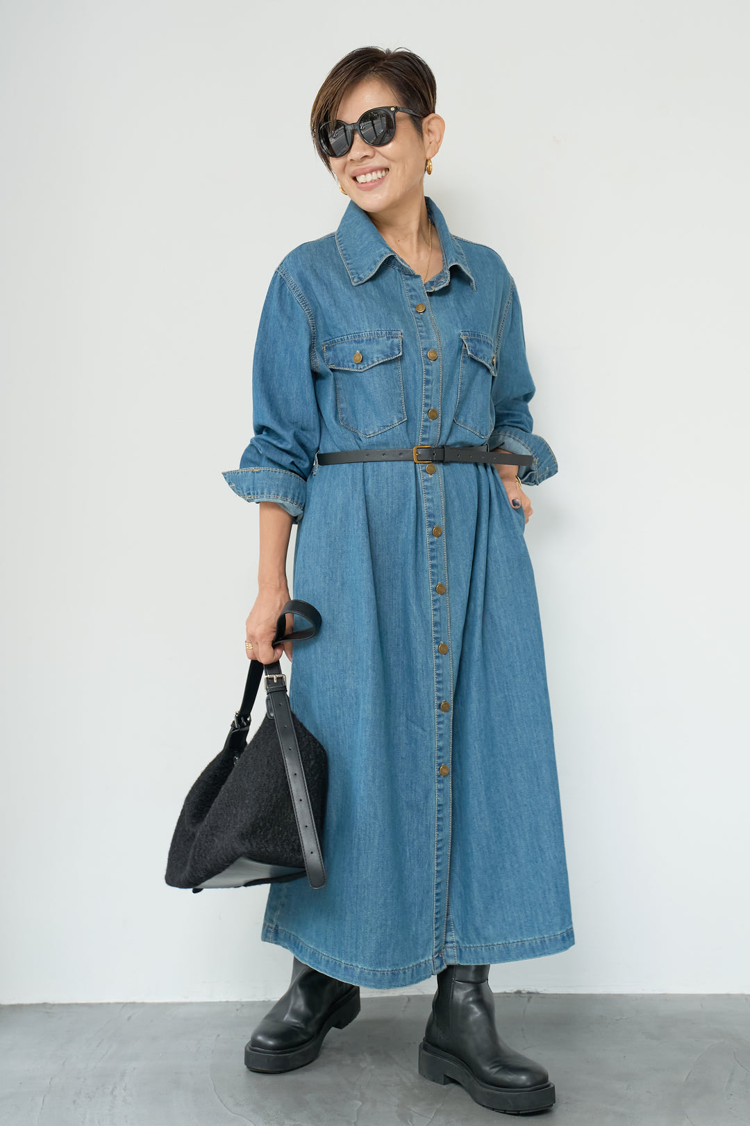 ウエストベルトデニムワンピース