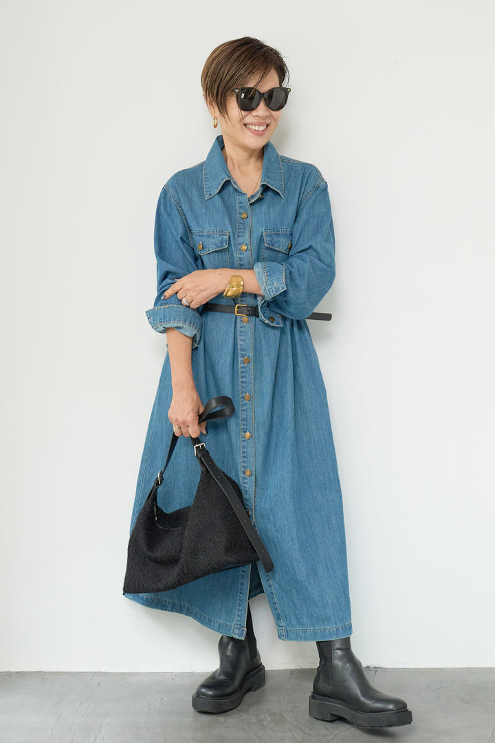 ウエストベルトデニムワンピース