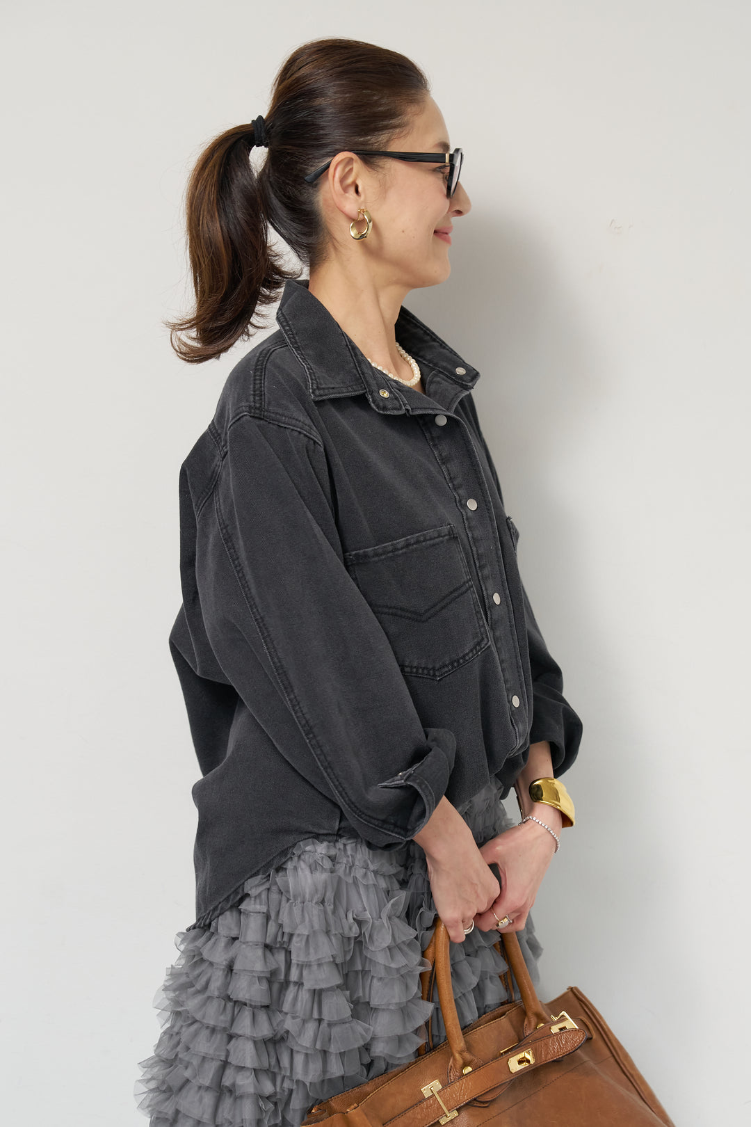 [SET]ソフトデニムオーバーシャツ+チュールティアードスカート(2set)