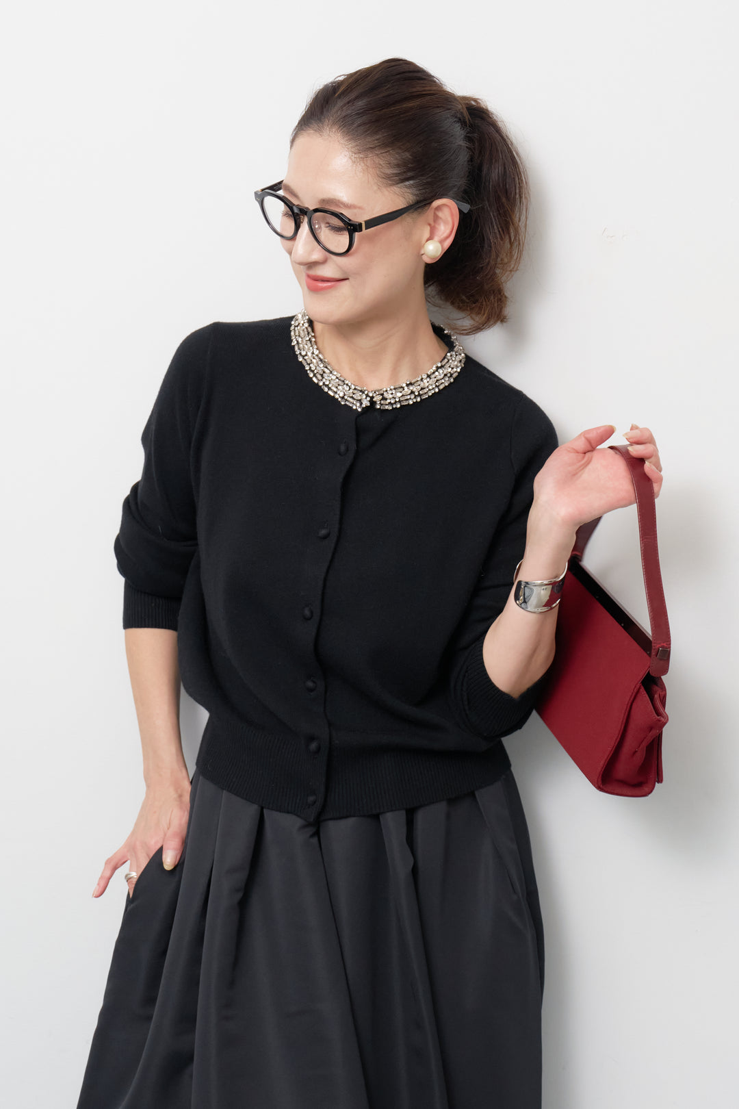 [SET]シルク混ビジューカーディガン+【ジャパンメイド】ライトグログランボリュームスカート(2set)