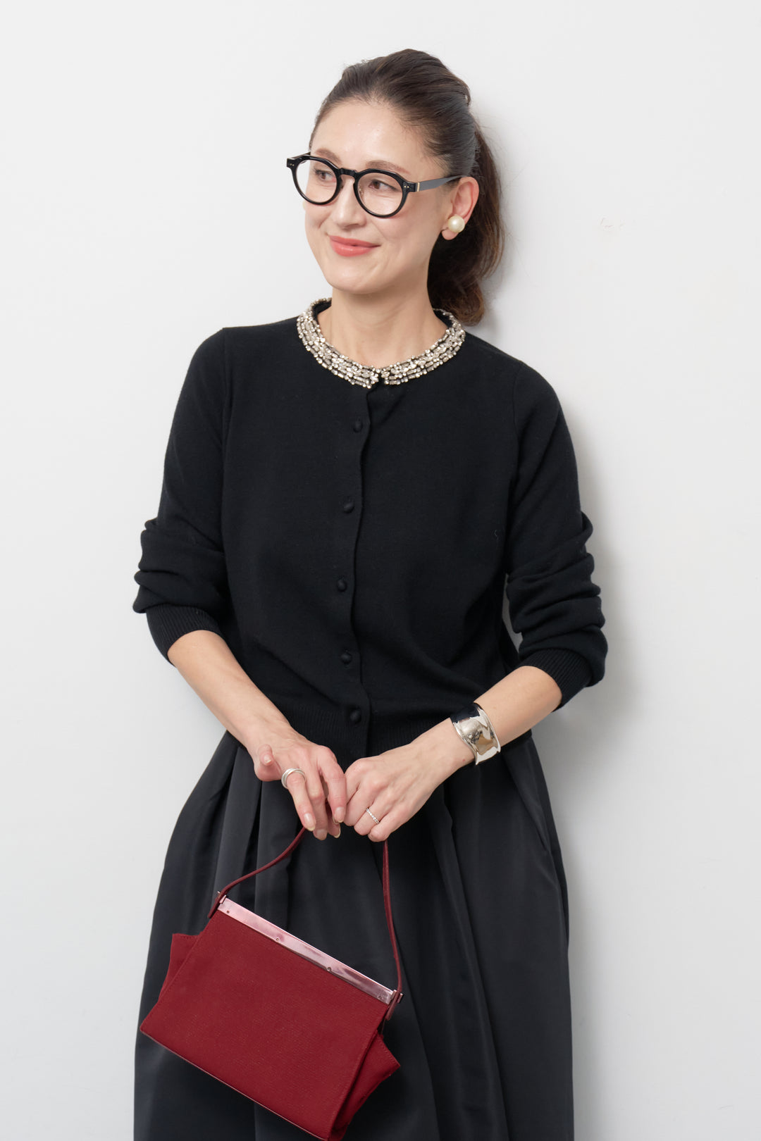 [SET]シルク混ビジューカーディガン+【ジャパンメイド】ライトグログランボリュームスカート(2set)