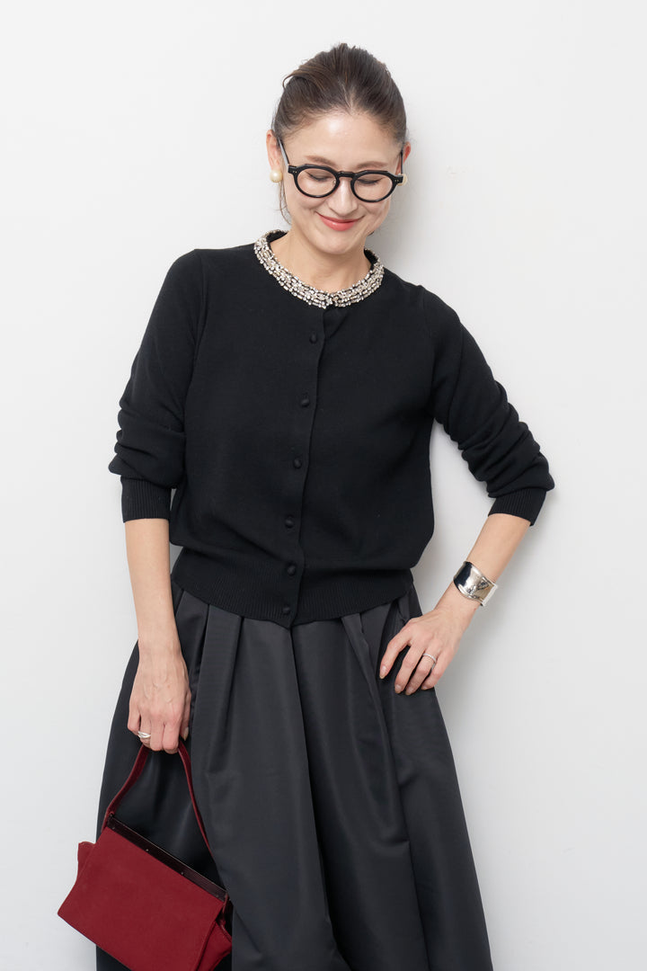 [SET]シルク混ビジューカーディガン+【ジャパンメイド】ライトグログランボリュームスカート(2set)